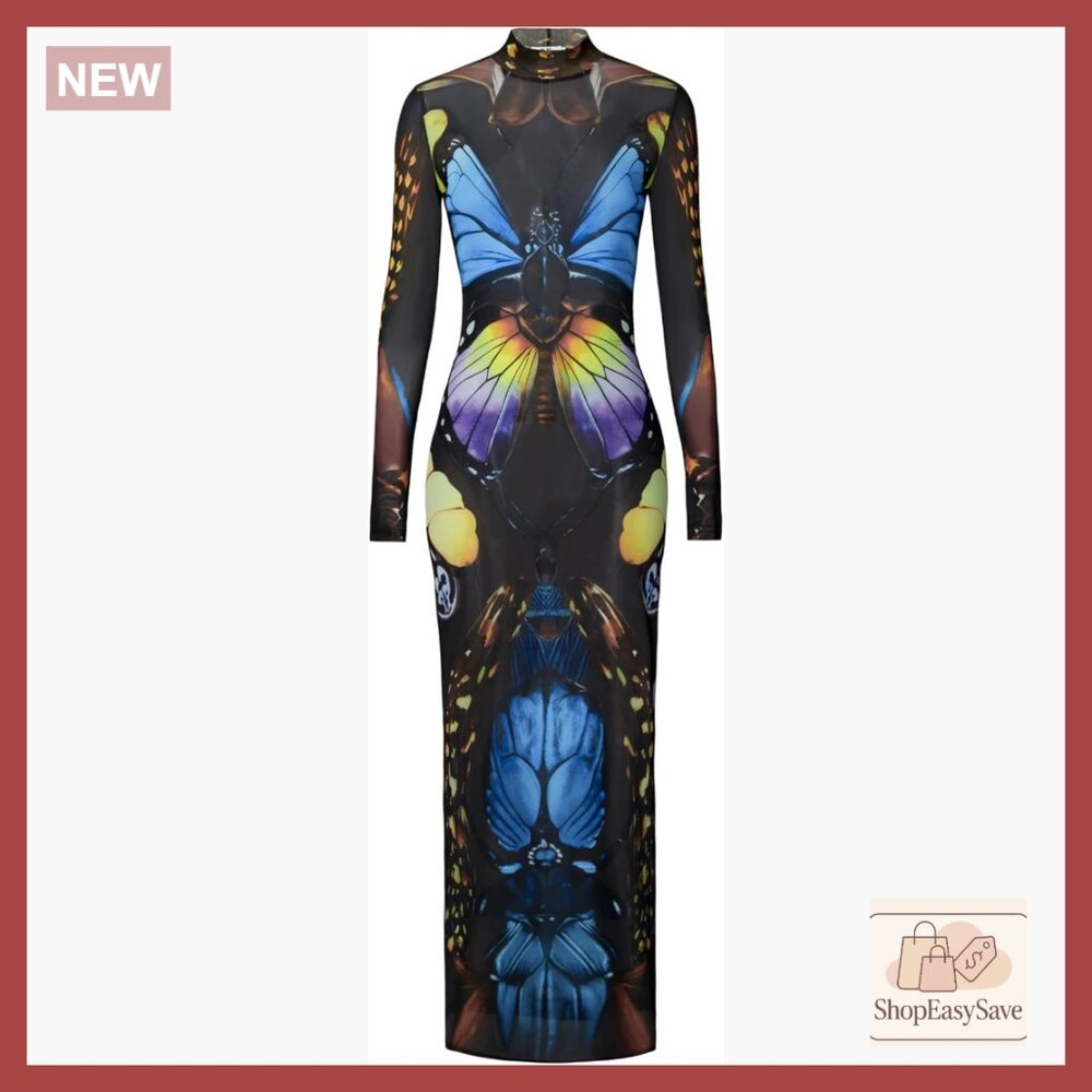 Butterfly Mesh Maxi Dress Elegant A-Line Modern Mock Neck Long Sleeve